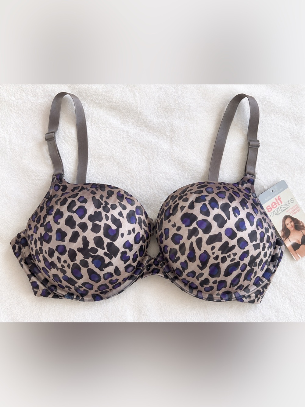Leopard Print Underwire padded Bra in Taupe and Purple and Black. 38B